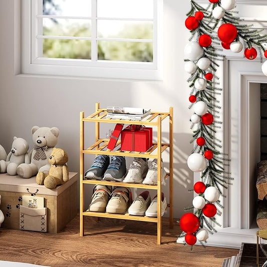 Small Shoe Rack, 4-Tier Bamboo Stackable Shoe Shelf Storage Organizer, Shoe Stand for Closet, Entryway and Hallway