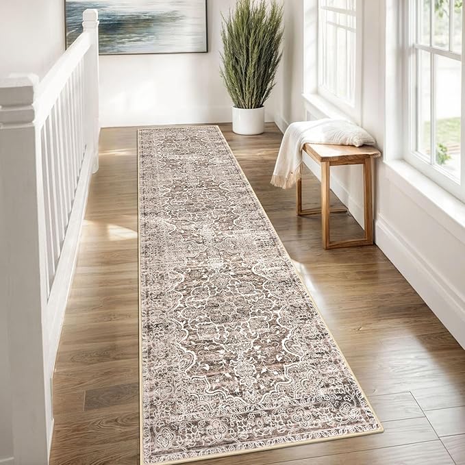 KUTA Vintage Washable Runner Rug, 2x8 Brown Runners for Hallways Non-Slip Kitchen Rugs Ultra Soft Printed Distressed Floral Medallion Carpet for Bedroom Living Room Nursery Playroom
