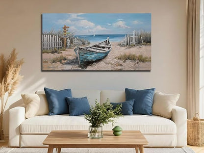 Ardemy Boat Canvas Wall Art for Living Room Large Teal Bedroom Pictures Wall Decor Textured Beach Paintings Artwork Dining Room Home Office Kitchen, 48"x24"