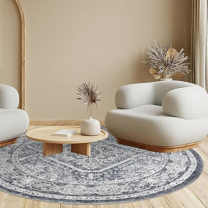 KUTA Oriental Round Rugs 6ft, Grey Circle Rug Washable 6ft, Non-Slip Printed Vintage Medallion Carpet for Living Room Dining Kitchen Indoor Entryway