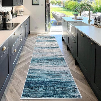 KOZYFLY Modern Abstract Hallway Runner Rug, 2.6x10 Washable Rug Runner Non-Slip Soft Striped Kitchen Runner Rugs, Print Blue Carpet Runner for Entryway Bathroom Laundry Room Foyer