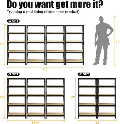PrimeZone Storage Shelves 4 Pack 5 Tier Adjustable Garage Storage Shelving, Heavy Duty Metal Storage Utility Rack Shelf Unit for Warehouse Pantry Closet Kitchen, Black