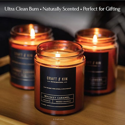 Craft & Kin Scented Candles for Men | Premium Whiskey Caramel Winter Candle | All-Natural Scent for Home | Long Lasting Candles with 45 Hour Burn Time, 8oz