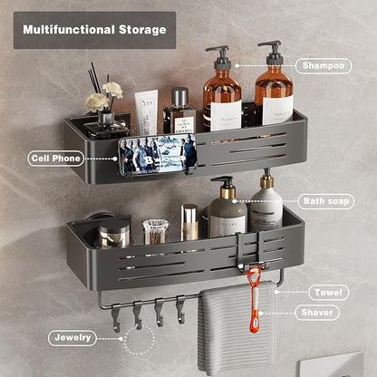 Voldra Shower Caddy Suction Cup, 2 Pack Shower Shelves for Inside Shower No Drilling, Aluminum Suction Showers Organizer with Towel Bar & Hooks Removable Bathroom Shelf Storage Rack(Gray)
