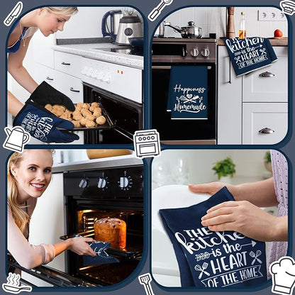Sratte 6 Pcs Kitchen Decor Accessories Set Farmhouse Towels Pot Holders Oven Mitts Set 2 Dish Towels 2 Potholders 2 Cooking Mittens Oven Glove for Christmas Baking Cooking Supply(Blue,Kitchen)