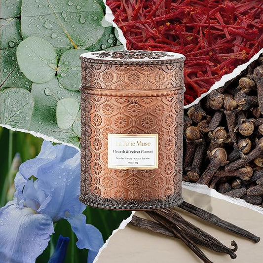 LA JOLIE MUSE Hearth & Velvet Flames Candle - Saffron, Clove, Vanilla | 19 oz Large Wooden Wick Candles | Natural Soy Wax | 90 Hours Clean Burn | Holiday Candle Gifts | Gift-Ready for Hosts