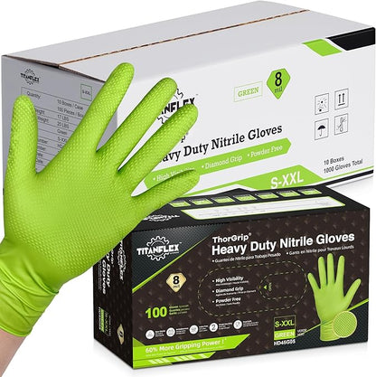 TitanFlex Heavy Duty Industrial Nitrile Gloves with Raised Diamond Texture, 8-mil, Latex Free, Powder Free (Green/Dark Green)