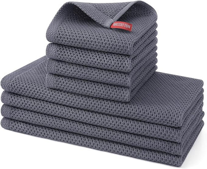 Kitinjoy 100% Cotton Kitchen Towels and Dishcloths Set, 8 Pack Waffle Weave Dish Towels Ultra Soft Absorbent Quick Drying Dish Rags, 13 x 28 Inch and 12 X 12 Inch, Dark Grey