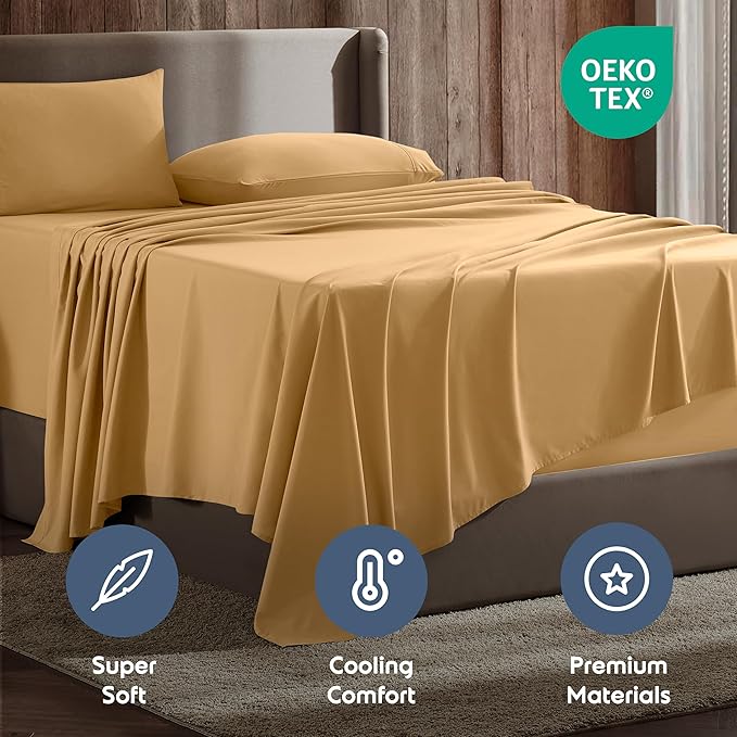 Nestl Queen Sheet Set - Luxury 1800 Ultra-Soft Microfiber Bed Sheets - Double Brushed - Deep Pockets - Easy Fit - 4 Piece Set - Bedding Sheets & Pillowcases (Queen, Camel Gold)