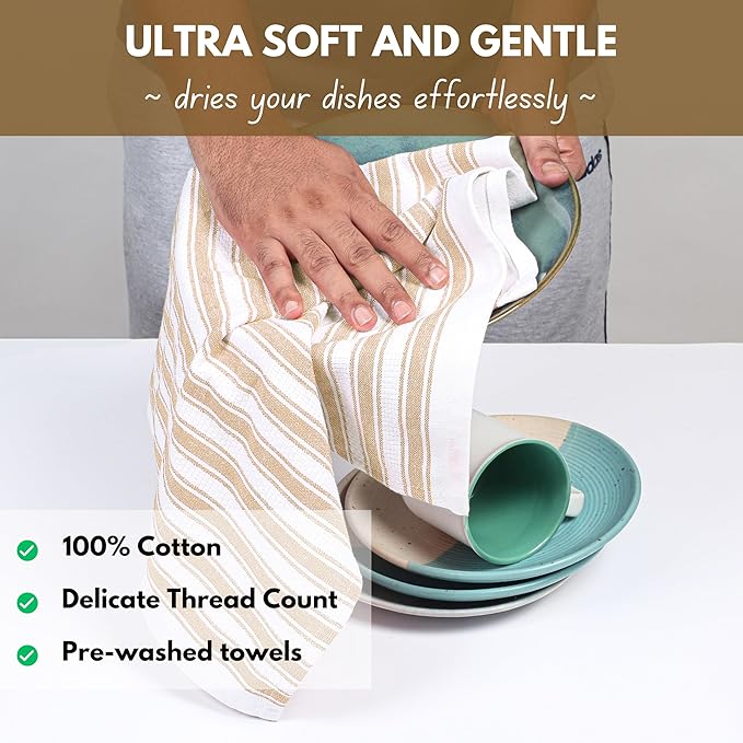 Native Fab Kitchen Dish Towels 16"x26" - Set of 4 - Absorbent Cotton Hand Towels, Restaurant Grade Dish Towels for Quick Drying, Cleaning, Dish Cloths Set with Hanging Loop - Beige and White