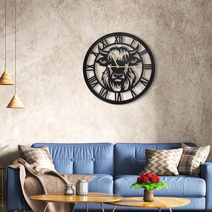 16inch Wall Clocks Battery Operated, Large Slient Black Metal Decorative Wall Clock,Wall Clocks for Living Room Decor,Bedroom, Kitchen, Dining Room (Highland Bull Wall Clock, 16 Inch)
