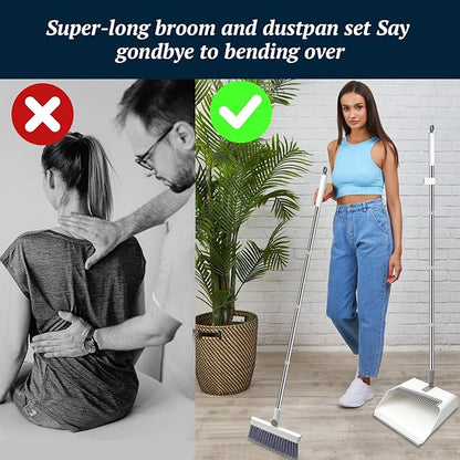 Long-Handled Broom and Dustpan Set, Windproof Broom Combination, 180-degree Rotating Brush Head with Upright Dustpan, Suitable for Indoor and Outdoor Cleaning. (White)