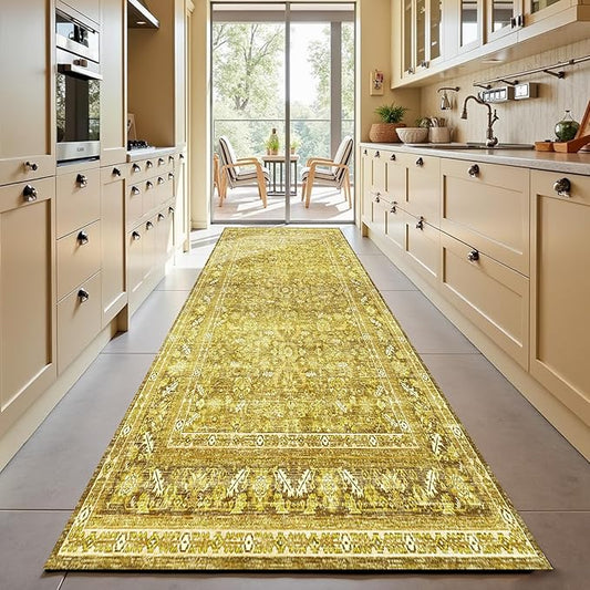 OPPODREAM Thin Vintage Yellow 3x10 Runner Rug, 3 x 10 Retro Washable Rug Non Slip, Low-Pile Faux Wool Carpet, Distressed Floor Mat for Kitchen, Hallway, Entry-Way, Entrance, Indoor Back Door