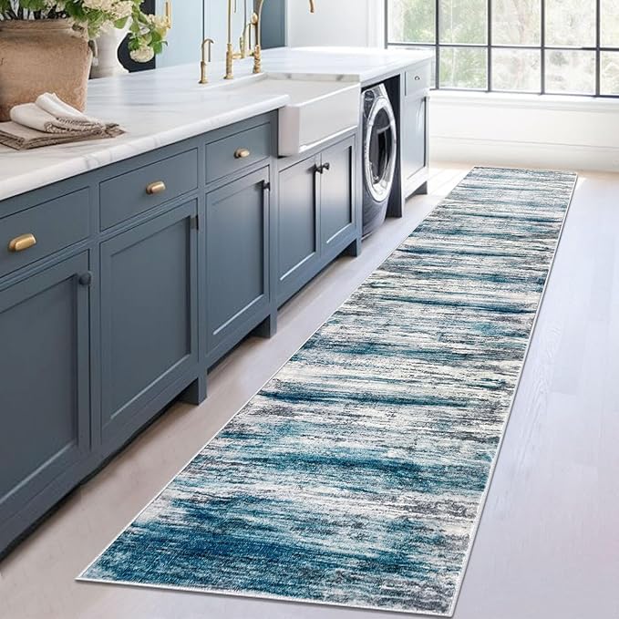 KOZYFLY Modern Abstract Kitchen Runner Rug, 2x12 Washable Rug Runner Non-Slip Soft Striped Hallway Runner Rugs, Light Blue Print Carpet Runner for Entryway Bathroom Laundry Room Foyer