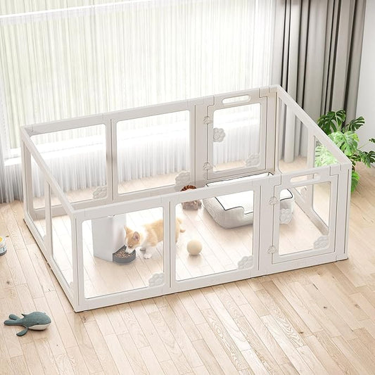 Albott Acrylic Clear Dog Playpen Indoor, Modular Puppy Cat Small Pet Play Pen with 2 Doors, Transparent Fence for Little Dogs, Cats, Rabbits, Easy Assemble and Disassemble, White (24" H, 10 pcs)