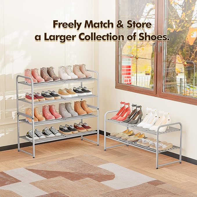 SUFAUY 2-Tier 33" Wide Shoe Rack, Closet Metal Shoe Rack Organizer Heavy Duty, Stackable, Gray