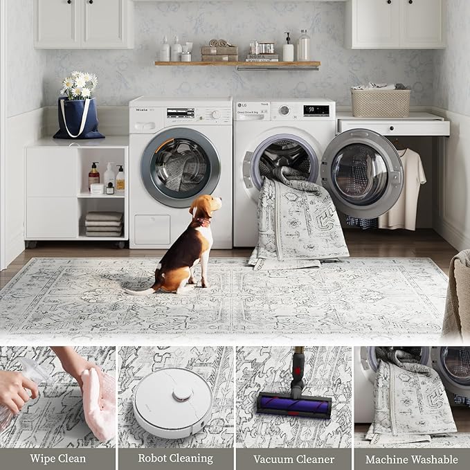 jinchan 2x3 Washable Rug for Entryway - Vintage Floral Ultra-Thin Low Pile Soft Small Non Slip Distressed Indoor Door mat Accent Area Rug for Entrance Kitchen Bathroom Bedroom (2x3ft,Grey)