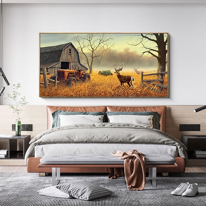 XLSJERST Extra Large Deer Wall Art for Living Room Canvas Prints Decor Decoration Country Tractor Rustic Wildlife Cabin Hunting Picture Glass Surface Artwork Ready to Hang for Bedroom Home Office