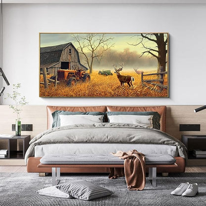 XLSJERST Extra Large Deer Wall Art for Living Room Canvas Prints Decor Decoration Country Tractor Rustic Wildlife Cabin Hunting Picture Glass Surface Artwork Ready to Hang for Bedroom Home Office