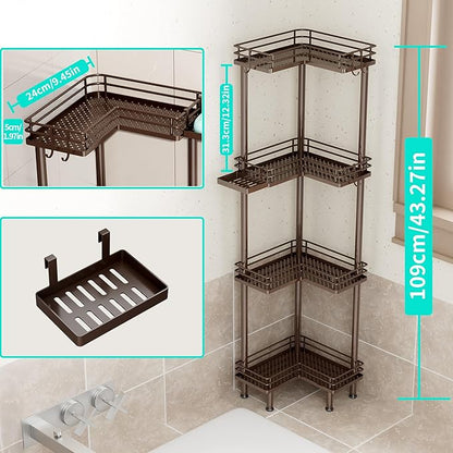 HapiRm Corner Shower Caddy Organizer - 4 Tier Shower Shelf Corner with Soap Holder, Rustproof Bathroom Standing Organizer with 4 Hooks, Bronze