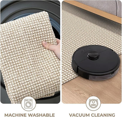 KOZYFLY Indoor Door Mat 2x3 ft Small Area Rugs Washable Front Door Mat Non Slip Rubber Backed Entryway Rug Cotton Entrance Doormat for Front Porch Bathroom Kitchen Bedroom, Ivory/Khaki