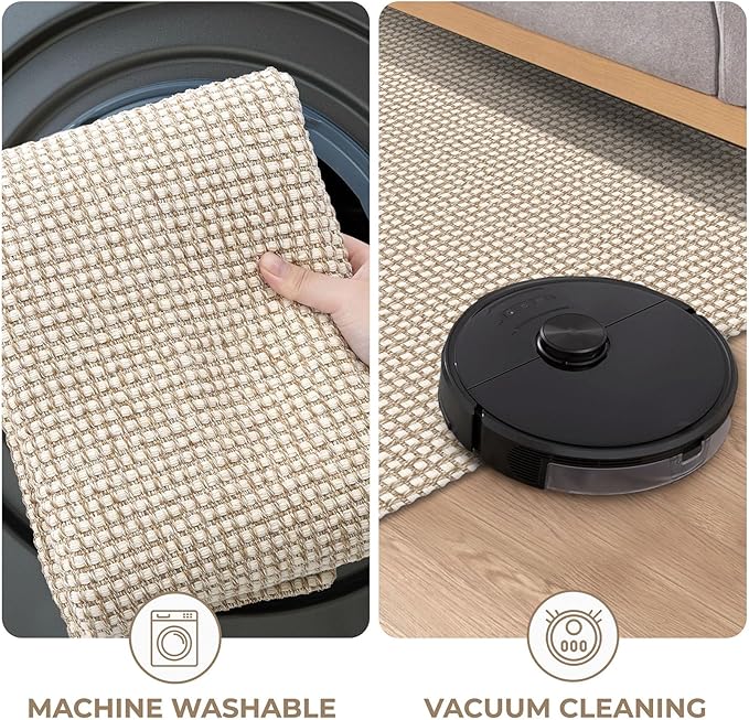 KOZYFLY Runners for Hallways 2x6 ft Washable Kitchen Runner Non Slip Rubber Backed Hall Runners Cotton Entryway Runner Rugs Floor Carpet for Indoor Backdoor Bedroom Kitchen, Ivory/Khaki