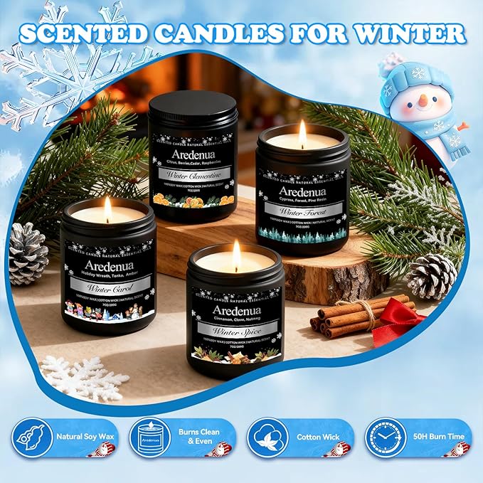 Winter Candles Set – 4 Pack Holiday Scented Candles, 28oz Soy Candle for Home Scented, Cozy Scents of Winter Carol/Spice/Clementine/Forest - Holiday Candle Christmas Gifts for Women Men