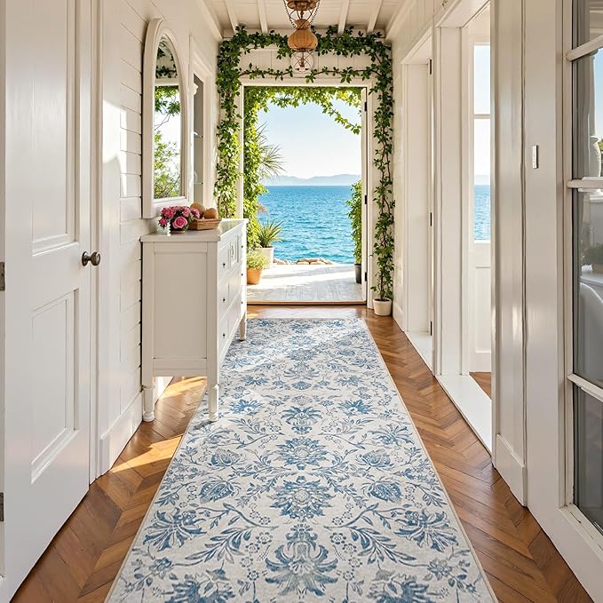 jinchan Runner Rugs 3x10, Vintage-Inspired Floral Design Machine Washable Non-Slip Ultra-Thin Low-Pile Rubber Backing Traditional Rug for Kitchen Hallway Laundry Room Entryway Dark Blue