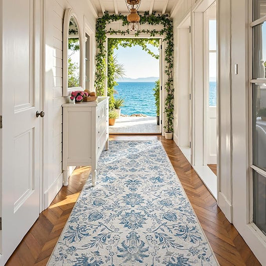 jinchan Runner Rugs 3x10, Vintage-Inspired Floral Design Machine Washable Non-Slip Ultra-Thin Low-Pile Rubber Backing Traditional Rug for Kitchen Hallway Laundry Room Entryway Dark Blue