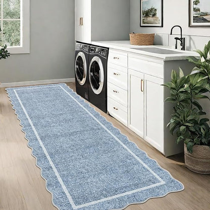 GarveeHome Scalloped Washable Runner Rug 2x6 Non Slip Kitchen Rugs Modern Blue Indoor Entryway Rug Farmhouse Soft Bath Mat Stain Resistant Carpet for Bedroom Hallway Laundry 2 ft x6 ft Blue