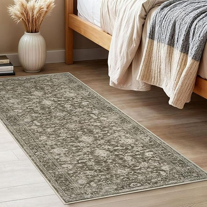 KILOCOCO Hallway Runner 2x5 Kitchen Runner Rug Printed Vintage Floral Washable Non-Slip Runners for Hallways Laundry Room Rugs Distressed Boho Rug Runners for Bedroom, Taupe/Green