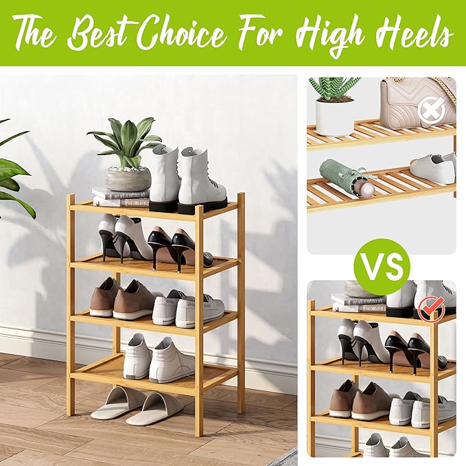BMOSU 4-Tier Bamboo Small Shoe Rack Premium Stackable Shoe Shelf Storage Organizer for Hallway Closet Living Room Entryway Organizer(Natural)