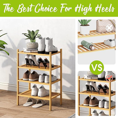 BMOSU 4-Tier Bamboo Small Shoe Rack Premium Stackable Shoe Shelf Storage Organizer for Hallway Closet Living Room Entryway Organizer(Natural)