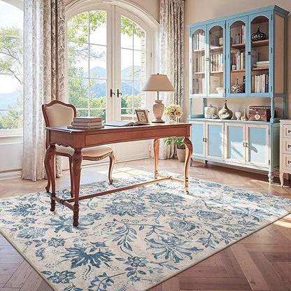 jinchan Floral 5x7 Area Rugs, Vintage-Inspired Design Accent Rug, Machine Washable Ultra-Thin Low-Pile Non-Slip Traditional Carpet for Living Room Bedroom Dining Room Home Office, Turquoise