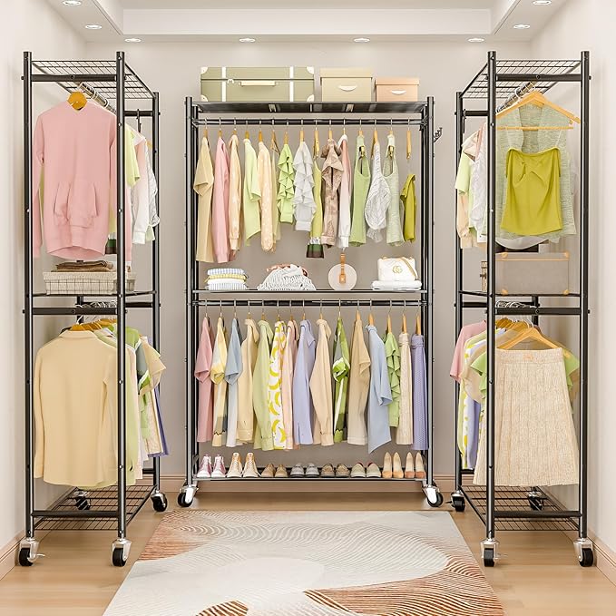Rolling Clothes Rack for Hanging Clothes, Metal Clothing Garment Rack with Double Rods & 3 Wire Shelves, Portable Wardrobe Closet with Wheels
