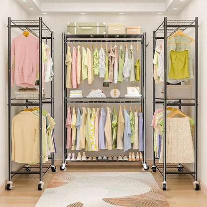 Rolling Clothes Rack for Hanging Clothes, Metal Clothing Garment Rack with Double Rods & 3 Wire Shelves, Portable Wardrobe Closet with Wheels