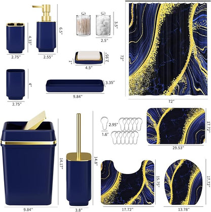 25PCS Bathroom Accessory Set, Navy Blue Bathroom Set with Large-Capacity 4 Gallon Trash Can,Bathroom Rugs Set, Waterproof Shower Curtain, Toilet Brush, Toothbrush Holder & Soap Dispenser