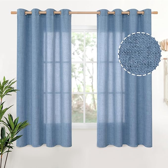 YoungsTex Blue Linen Curtains 63 Inch Length 2 Panels Set- Light Filtering Drapes with Bronze Grommet Privacy Ocean Decorative for Bathroom Living Room Window, 52 x 63 Inch