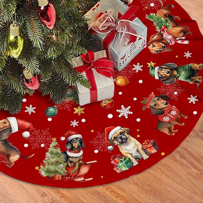 Red Christmas Tree Skirt Dog Theme Christmas Decorations Dog Mom Dad Xmas House Decor Holiday Party Xmas Tree Skirt 36 inches