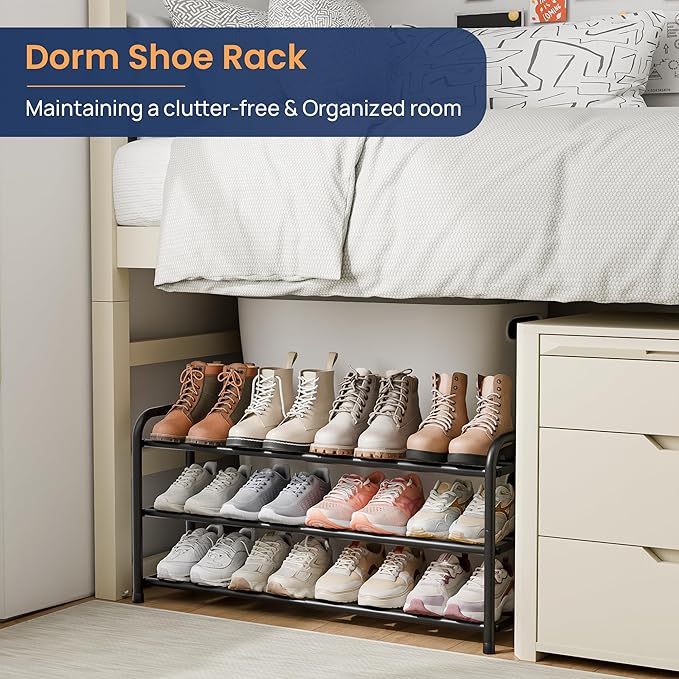 ENJOYBASICS Expandable Shoe Rack, 3 Tier Adjustable Shoe Organizer Shelf for Closet, Black Metal Free Standing Shoe Rack Storage for Small Space, Entryway