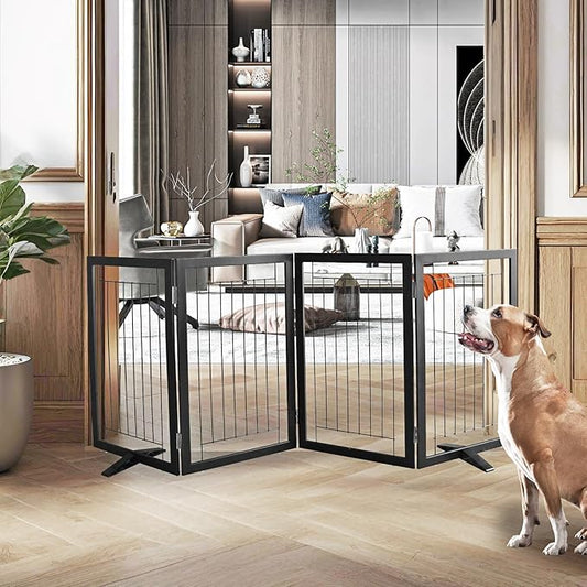 ZJSF Freestanding Dog Gate Indoor, Foldable Dog Fence for Doorways,Hallways or Stairs, Sturdy Wood Extra Wide Pet Gate with Support Feet,Black,32 "Height-4 Panels