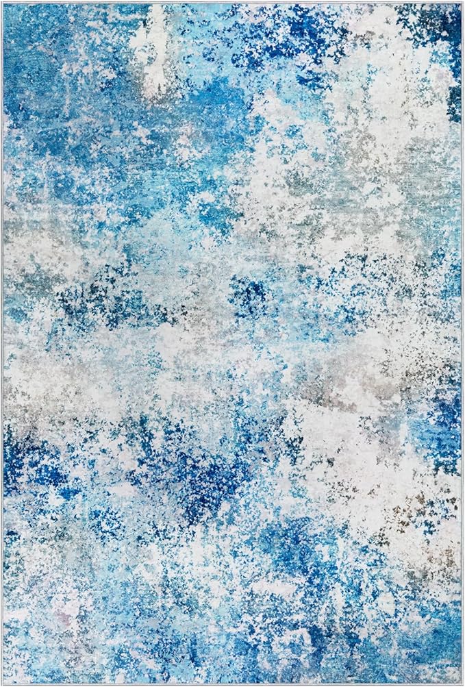 10x14 Area Rugs Living Room Rug - Washable Neutral Modern Abstract Large No Slip Soft Thin Rug Indoor Floor Carpet for Bedroom Under Dining Table Home Office Nursery Room - Blue White