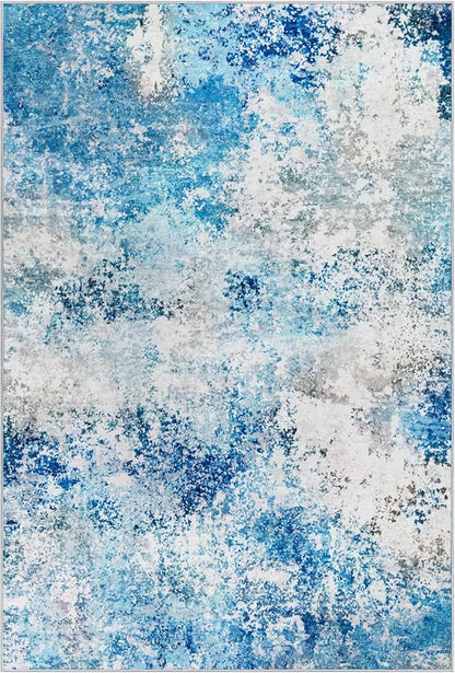 10x14 Area Rugs Living Room Rug - Washable Neutral Modern Abstract Large No Slip Soft Thin Rug Indoor Floor Carpet for Bedroom Under Dining Table Home Office Nursery Room - Blue White