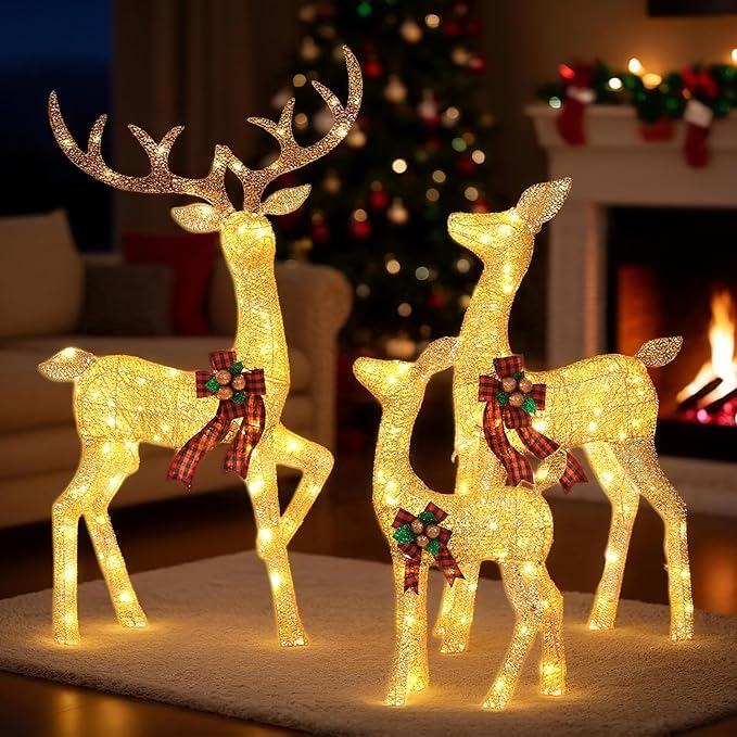 3-Piece Large Lighted Christmas Deer Family Set, Christmas Indoor and Outdoor Decoration with 225 Warm White LED Lights, Ground Pegs, Cable Ties. Suitable for Patio Lawn Garden Party-Cold