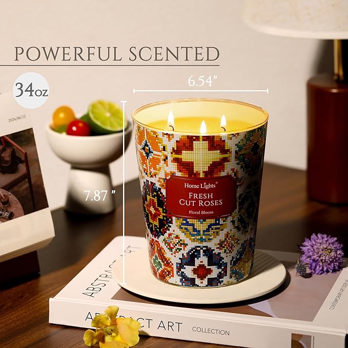 HomeLights Scented Candles | Large Jar 34 Oz Natural Soy Candle | 130 hrs Long-Lasting with 3 Wicks | Bohemian Natural for Home Decor | Gifts for Mom & Women, Fresh Cut Roses
