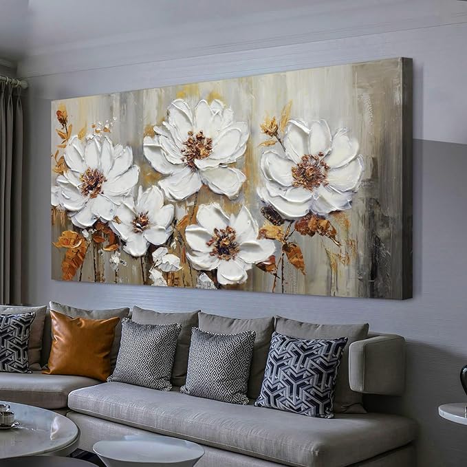 Acocifi Large Wall Art Decor for Living Room Bedroom, Textured Floral Canvas Wall Art, Vintage White Floral Painting Picture Artwork for Dining Room Office Home Decor 48"x24"