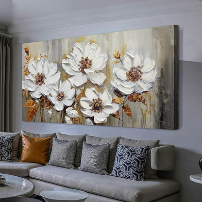 Acocifi Textured Floral Wall Art Canvas Art Wall Decor, Large Living Room Bedroom, Vintage White Floral Painting Picture Artwork for Dining Room Office Home Decor 40"x20"