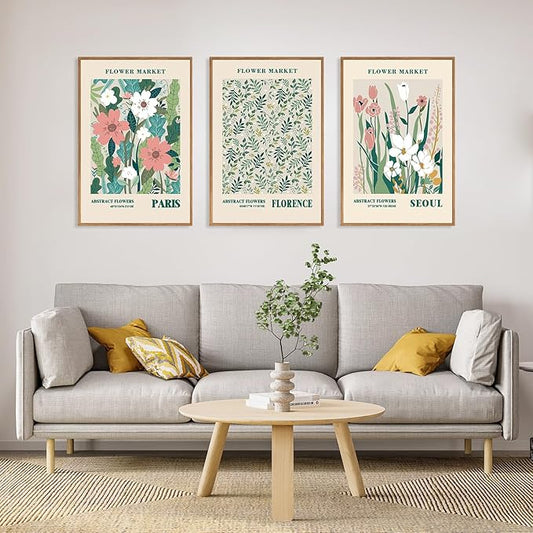 HLNIUC Flower Market Wall Art Prints, Boho Floral Wall Decor, Large Matisse Sage Green 16"x24" Framed Art Set of 3, Abstract Colorful Botanical Painting for Living Room, Bedroom, Office