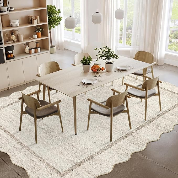 GarveeHome Scalloped Large Living Room Area Rug 8x10 - Machine Washable Modern Rugs Bordered Neutral Rug Non-Shedding Low Pile Farmhouse Carpet for Bedroom Nursery Classroom Dorm 8 ft x10 ft Beige