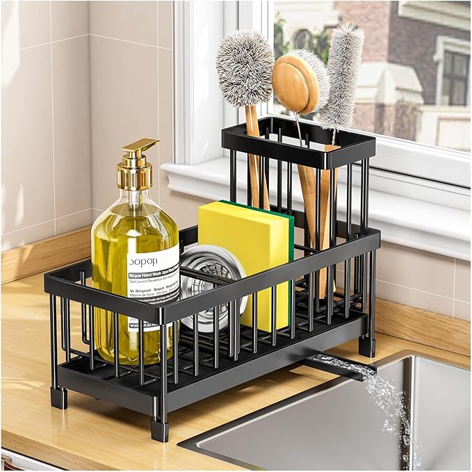 Black Sponge Holder for Kitchen Sink, Sink Caddy with Brush Holder Self-draining Sponge, Sturdy Rustproof Stainless Steel Kitchen Countertop Organizer for Soap Dispenser